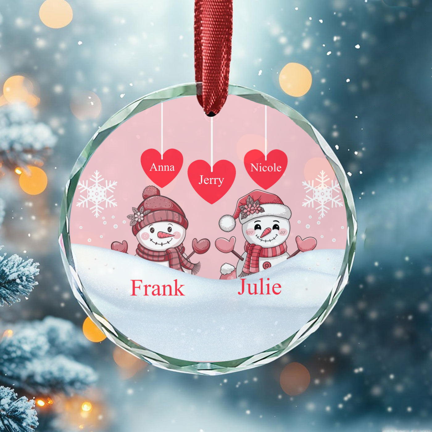 Personalized Christmas Snowman Glass Ornament – Custom Family Names for Festive Elegance
